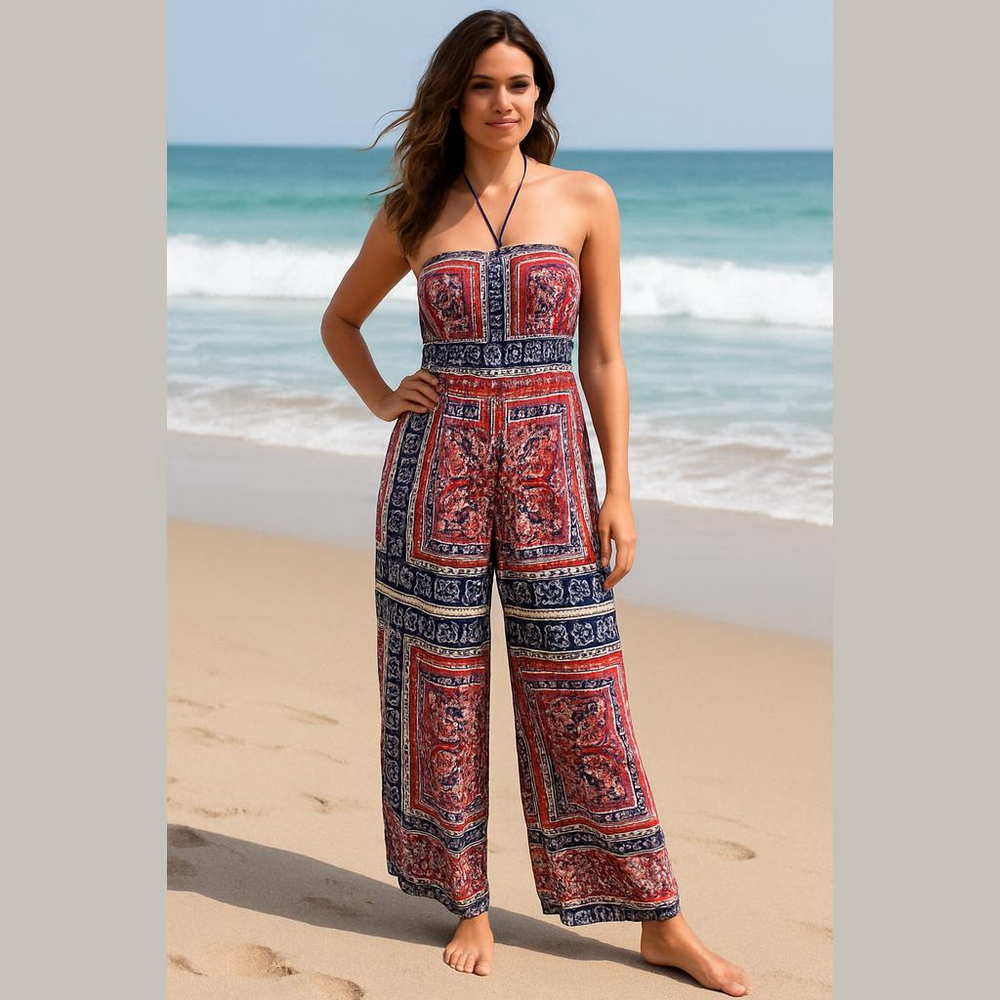 Illa Illa Womens Small Jumpsuit Wide long leg pants Handkerchief Halter T05